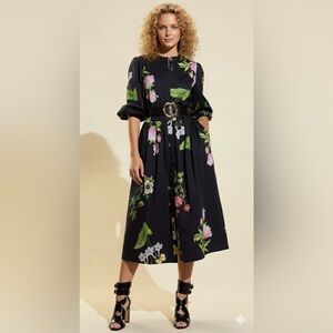 Cynthia Rowley Black Floral Belted EVERMORE COTTON SATEEN SHIRT DRESS, S